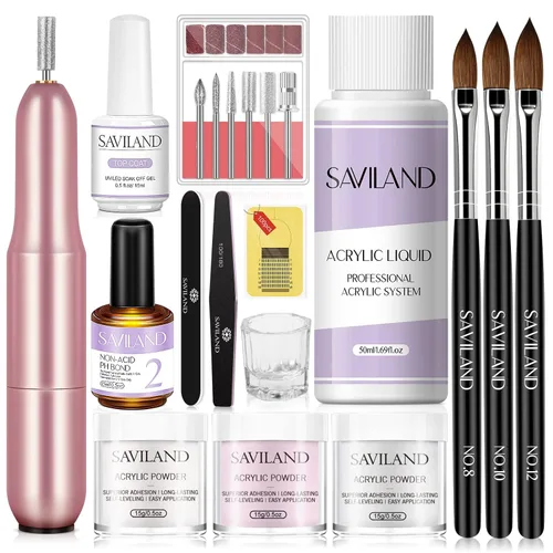 Miniatura 11 de Saviland Kit de iniciación de uñas acrílicas: polvo y líquido acrílico rosa claro nude, cepillo, limas, formularios, uñas a presión, juego