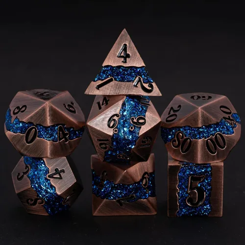 Miniatura 10 de Dados poliédricos DND de metal, juego de dados metálicos con purpurina a rayas grandes, juego de 7 dados plateados antiguos para juegos de rol