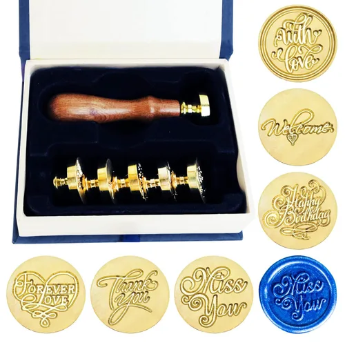 Juego de 6 cabezas de sello de cera con cabeza de latón de cera+1 mango de madera+caja de regalo, sellos de cera de bendición (gracias+con