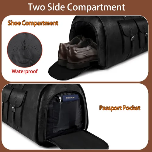 Miniatura 4 de Garment Bag for Travel, Convertible Carry on Garment Duffel Bag for Men Faux Leather Waterproof Large Weekender Bag for Women Men 2 in 1 Hanging