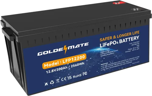 GOLDENMATE Batería de litio LiFePO4 de 12 V 200 Ah, batería recargable de hasta 15000 ciclos, BMS integrado, máximo 2560 Wh, perfecta para RV,