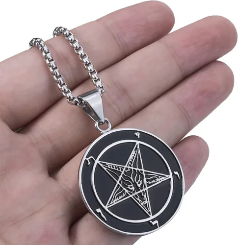 Miniatura 6 de ELFASIO Collar de cabra Baphomet con pentagrama invertido para hombre, sigil de Lucifer Satanás, símbolo satánico, Samael Lilith, cadena colgante