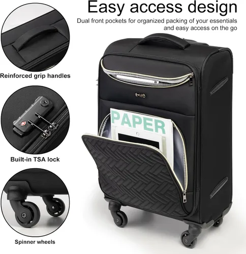 Miniatura 2 de Coolife Maleta de equipaje de mano con ruedas Softside Bolsa de viaje ligera con ruedas, Negro