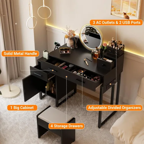 Miniatura 5 de Mesa de tocador con 4 cajones de almacenamiento - Mesa de tocador de maquillaje moderna con estación de carga, mesa de tocador negra con gabinete