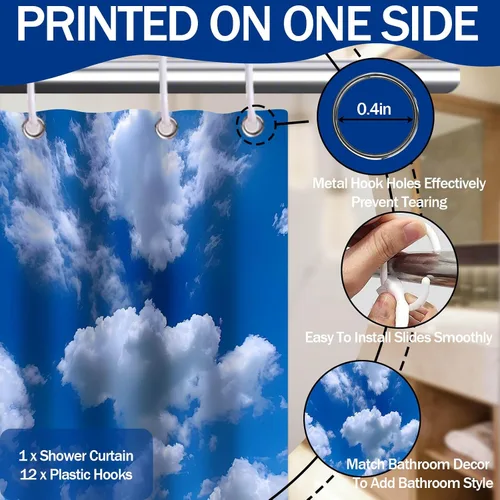 Miniatura 4 de Cortina de ducha con cielo azul, nubes blancas, paisaje escénico, 72 x 72 pulgadas Tela de tela impermeable, incluye ganchos, 72 x 72 pulgadas
