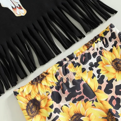 Miniatura 103 de fhutpw Conjunto de camiseta de manga corta con estampado de vaca y pantalones acampanados de dibujos animados para niñas