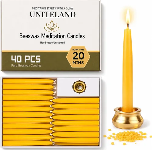 Miniatura 10 de Velas de meditación de cera de abeja de 20 minutos, paquete de 12 velas de cera de abeja con portavelas de latón, mini velas de oración de cera
