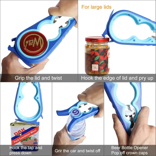 Miniatura 2 de Abrelatas más reciente para manos débiles, kit de abridor de botellas multifunción 6 en 1 con mango de silicona fácil de usar para niños, ancianos