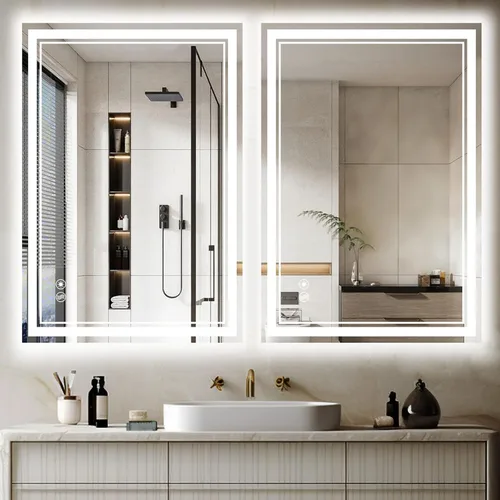 Miniatura 9 de Espejo LED de 48 x 28 pulgadas para baño, espejo de baño sin niebla, con luces LED, regulable, 3 colores, luces delanteras y retroiluminadas, espejo