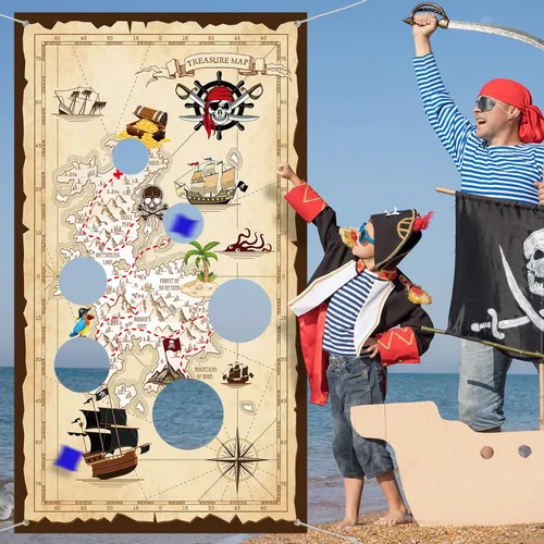 Blulu Juego de lanzamiento de bolsas de puf pirata con 3 bolsas de frijoles para niños, decoraciones de fiesta temática pirata de Halloween