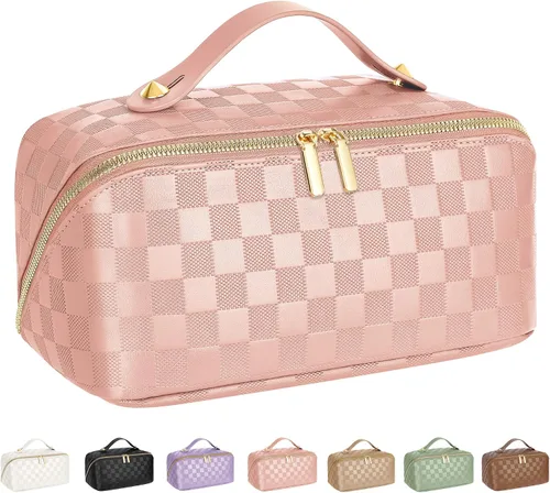 Miniatura 10 de Bolsa de cosméticos de viaje de gran capacidad - Bolsas de maquillaje portátiles para mujeres, impermeable, de cuero PU a cuadros, con organizador