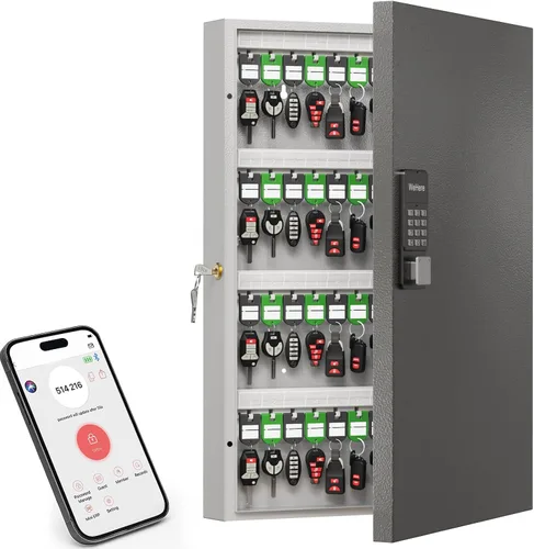 Miniatura 12 de Caja de 32 llaves con cerradura para llaves – Armario de llaves montado en la pared con doble cerradura (combinación de llave y 3 dígitos), estantes