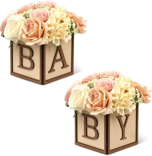 Miniatura 19 de Juego de 4 centros de mesa de baby shower para mesas, cajas de madera de 6 pulgadas con letras de bebé, cubos rústicos, bloques de madera para Rosa