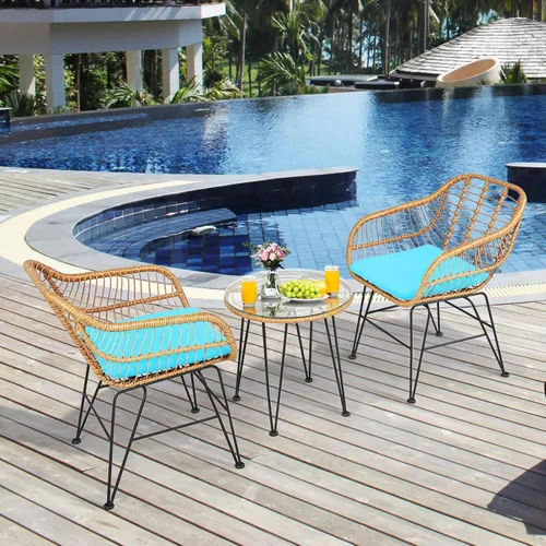 Miniatura 3 de Tangkula Juego de 3 piezas de patio bistró, juego de conversación de ratán con 2 sillones acolchados y mesa de centro redonda de cristal, juego