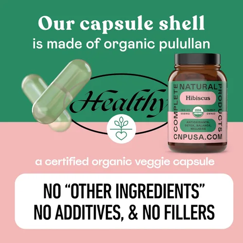 Miniatura 7 de Complete Natural Products Cápsulas de hibisco orgánico, 550 mg, 100 unidades, a base de plantas, polvo de flores orgánicas para apoyo antioxidante