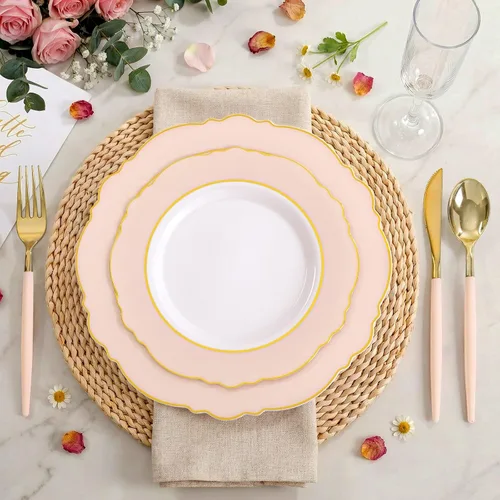 Miniatura 2 de WDF 30Guest - Platos de plástico rosa y cubiertos de plástico dorado con mango rosa, barroco rosa y dorado para bodas y fiestas de lujo, día