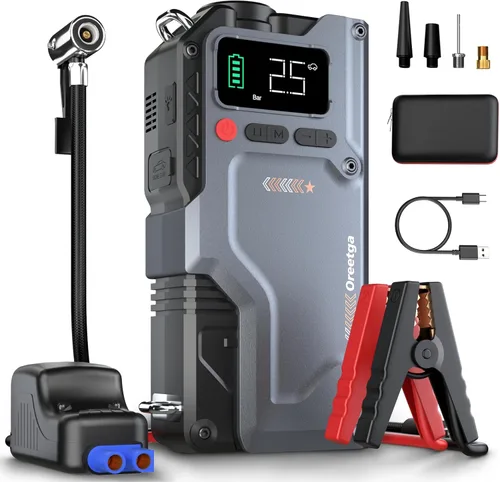 Arrancador Cargador de Batería de Coche de 9000A con Compresor de Aire, Inflador de Neumáticos de 150PSI (Toda Gasolina/16L Diésel), Caja de