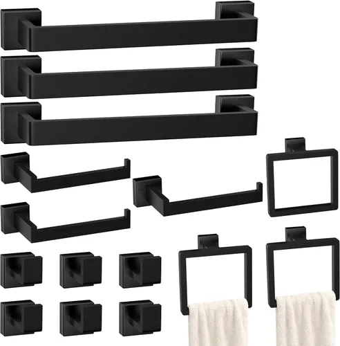 Miniatura 19 de Juego de 10 accesorios de baño negro mate, juego de herrajes de baño de acero inoxidable, toalleros para baño montados en la pared, juego de barras