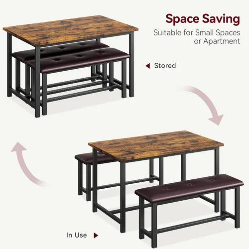 Miniatura 5 de Alkmaar Juego de mesa de cocina con 2 bancos tapizados para 4 personas, mesa rectangular de metal y madera para espacios pequeños, apartamento