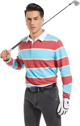 Miniatura 2 de VANLYTK Polo para hombre de manga larga que absorbe la humedad, cuello a rayas, para golf y rugby