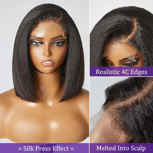Miniatura 2 de Luvme Hair - Peluca Bob de encaje frontal con bordes rizados 4C, 10 pulgadas, cabello humano lacio tipo afro, sin pegamento, con separación profunda