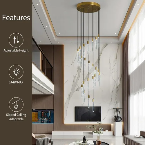 Miniatura 2 de Candelabro moderno de 24 luces para sala de estar, acabado de latón dorado, luces colgantes de techo LED regulables, 144 W, 6000 K, escaleras