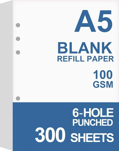 Paquete de 3 Hojas en Blanco A5, Recambios para Planificador Filofax, Organizador, Archivadores, 6 Agujeros, Total 300 Hojas/600 Páginas, 100gsm,