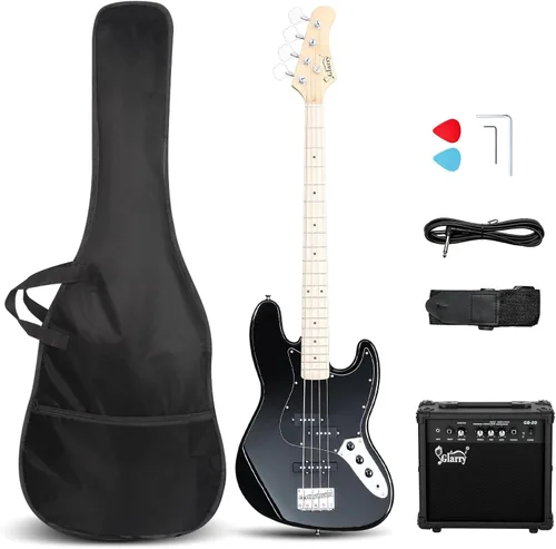 GLARRY Bajo Guitarra Tamaño Completo de 4 Cuerdas, Bajo Exquisito y Elegante con Bolsa para Guitarra, Cable y Llave (Azul, Con AMP)