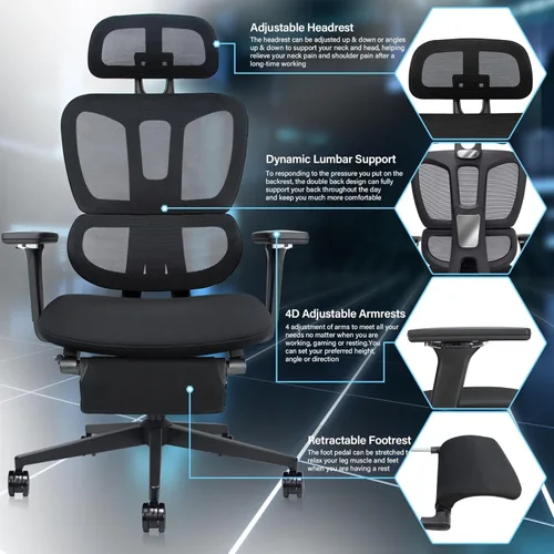 Miniatura 3 de Silla de oficina ergonómica de malla con reposapiés retráctil, silla de computadora de respaldo alto con soporte lumbar, reposabrazos ajustables