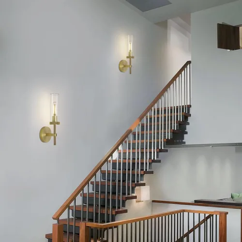 Miniatura 9 de Apliques de pared de latón moleteado para interiores, apliques de tubo de vidrio de 14 pulgadas, apliques de pared dorados para tocador de baño