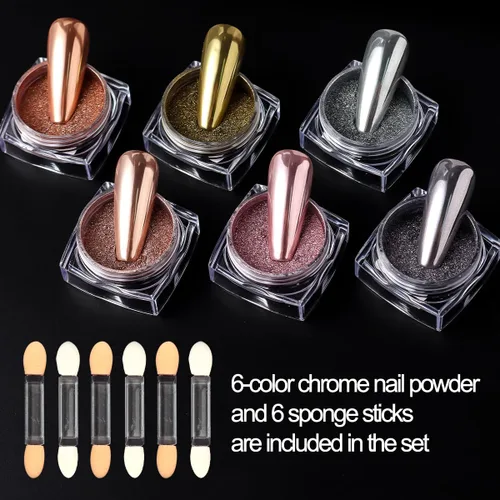 Miniatura 2 de Kit de polvo de uñas cromado de 6 colores, polvo cromado negro dorado rosa para uñas, pigmento de efecto espejo mágico, polvo metálico de frotación