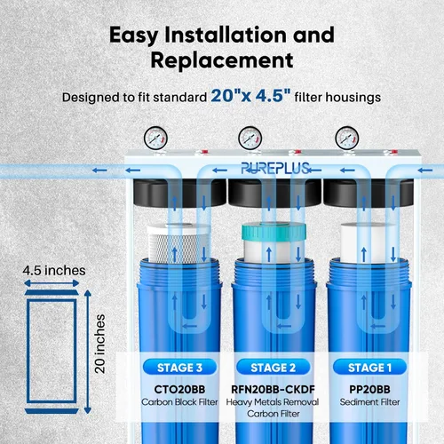 Miniatura 7 de PUREPLUS Kit combinado de cartucho de filtro de agua de 3 etapas para toda la casa de 4.5 x 20 pulgadas con sedimento, KDF y carbón activado