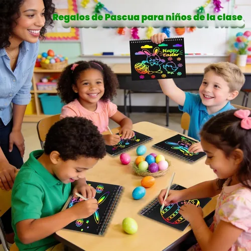 Miniatura 9 de Recuerdos de papel para rascar para fiestas para niños: paquete de 24 cuadernos de rayas arcoíris, bolsas de regalo, libros para colorear, recuerdos