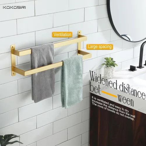Miniatura 6 de KOKOSIRI Barras para Toallas de Baño de 2 Niveles Tipo Escalera Dorado Cepillado Rieles para Toallas de 24 Pulgadas Soportes para Toallas Montados