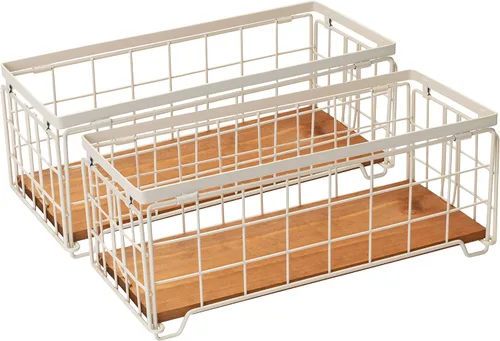 Cesta de almacenamiento de alambre de metal, soporte para rollo de papel higiénico, base de madera, caja de decoración de encimera, estante de Crema