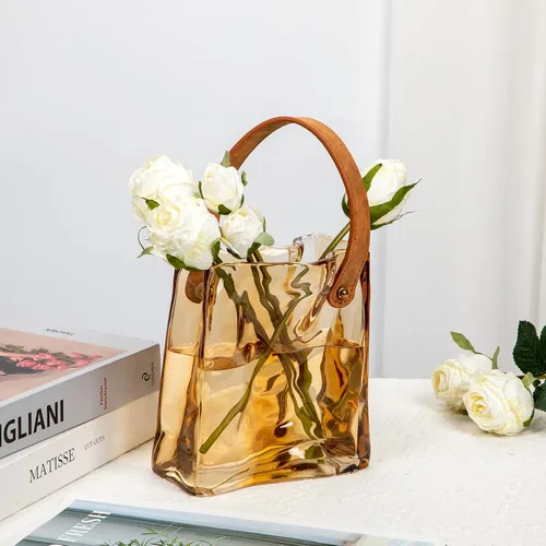 Miniatura 3 de Florero de bolso de cristal para flores, floreros de ámbar para centros de mesa, florero de bolsa de cristal con asa de cuero, floreros pequeños