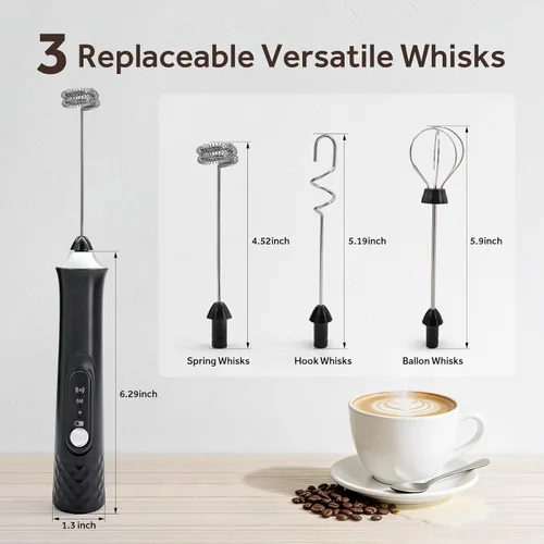 Miniatura 4 de Espumador de leche recargable de mano, varita espumadora, mezclador de bebidas de café, batidor eléctrico de 3 velocidades ajustables, desmontable