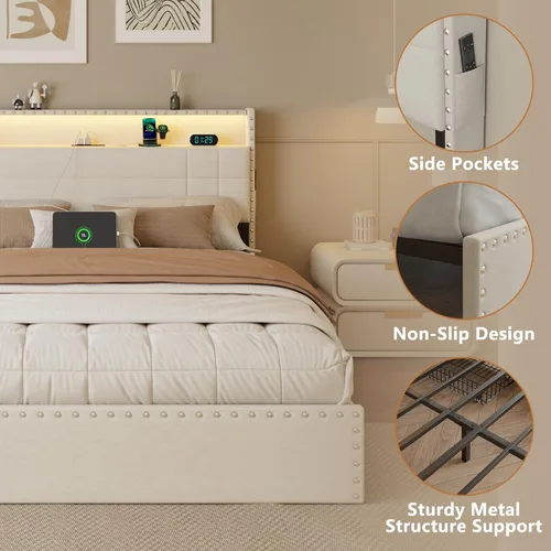 Miniatura 9 de Forestell Base de cama Queen con 4 cajones y cabecera de almacenamiento, base de cama tapizada tamaño Queen con luces LED y estación de carga, Beige