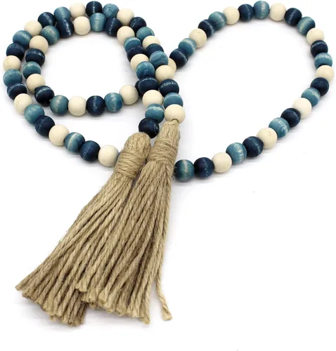 Miniatura 11 de CVHOMEDECO. Guirnalda de cuentas de madera con borlas, diseño rústico de granja, cadena de cuentas de oración para colgar en la pared, acento