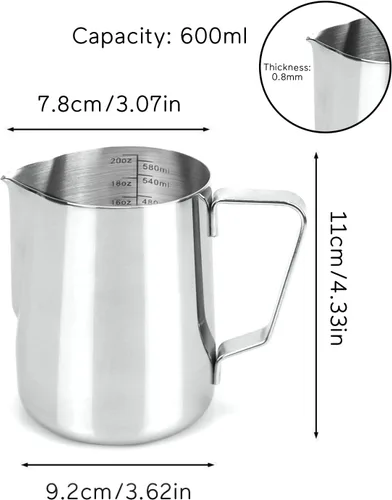 Miniatura 4 de Jarra de espuma de leche de 20 onzas de acero inoxidable - Jarra de crema para vaporizar espresso y café capuchino - Jarra de espuma de leche