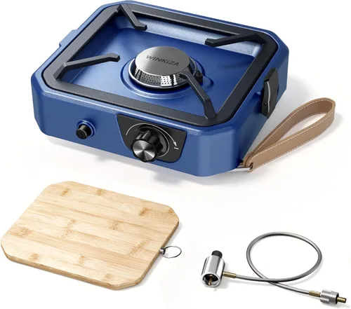 Estufa de camping de propano inoxidable 304 de 2 quemadores con plancha, estufas portátiles de propano con 24000BTU, compatible con sartén para