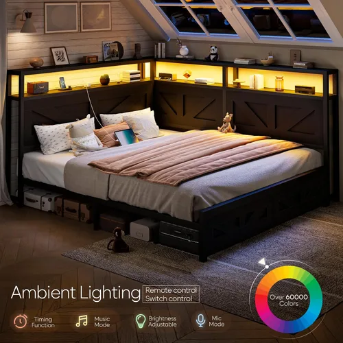 Miniatura 5 de CIKUNASI Marco de cama esquinero de tamaño matrimonial con cabecero y marco de almacenamiento de cama de granja con luces LED y estación de carga
