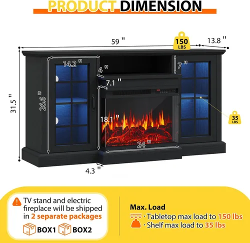 Miniatura 3 de Soporte de TV con chimenea de 59 pulgadas, mesa de consola central de entretenimiento de vidrio de 3 caras para televisores de hasta 65 pulgadas