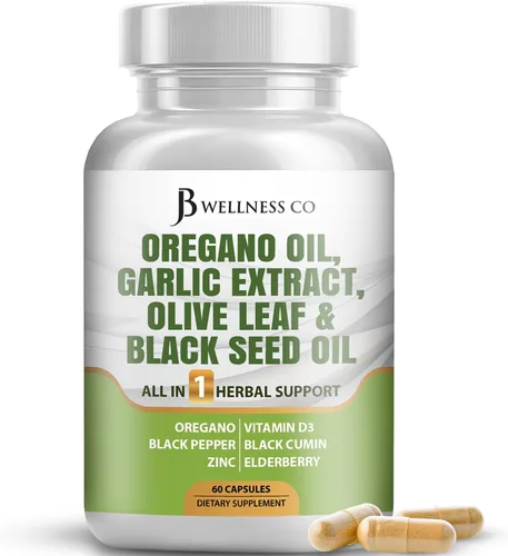 JB Wellness Aceite de orégano, extracto de ajo, hoja de olivo, con astrágalo, suplemento de apoyo inmunológico y salud digestiva para mujeres y