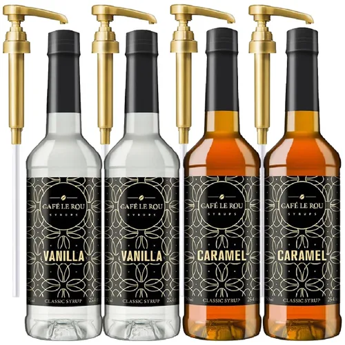 Miniatura 26 de Café Le Rou Jarabe de café variado, paquete de 5, 25.4 onzas, vainilla, vainilla francesa, caramelo, caramelo salado, jarabe saborizante de café