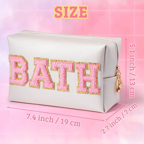 Miniatura 2 de Y1tvei Preppy Patch BATH Letter - Neceser de cuero PU para cosméticos, bolsa de maquillaje portátil cosida con parches de letras universitarias
