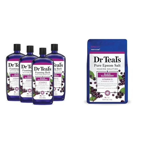 Dr Teal's Baño espumoso con sal pura de Epsom, saúco negro con vitamina D, 34 onzas líquidas y remojo de sal de Epsom pura, saúco negro con vitamina