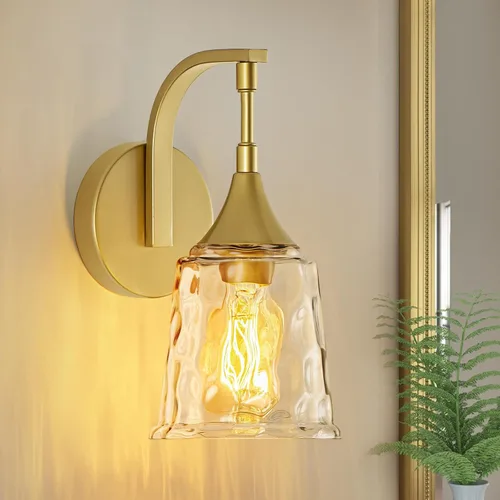 Miniatura 12 de Lámpara de pared de baño de 1 luz, lámpara de pared negra y dorada con pantalla de vidrio transparente, lámpara de pared moderna para interiores