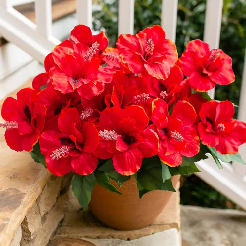 Miniatura 16 de HyeFlora Flores artificiales para exteriores, hibisco sintético, decoración exterior de verano, 4 paquetes de plantas artificiales tropicales
