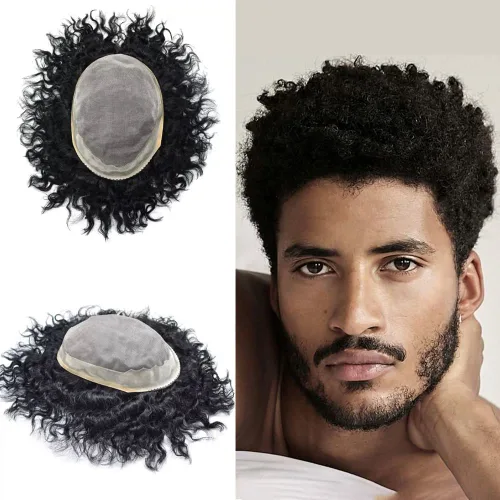 Miniatura 14 de Afro - Tupé para hombre, duradero, base fina, mono, rizado, cabello ondulado africano, piezas para hombres negros, mono encaje de poliuretano
